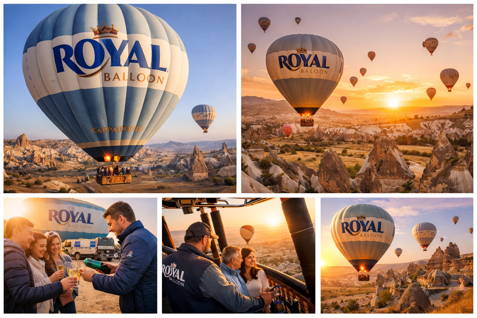 Royal Balloon Cappadocia inflating at sunrise with fairy chimneys in background