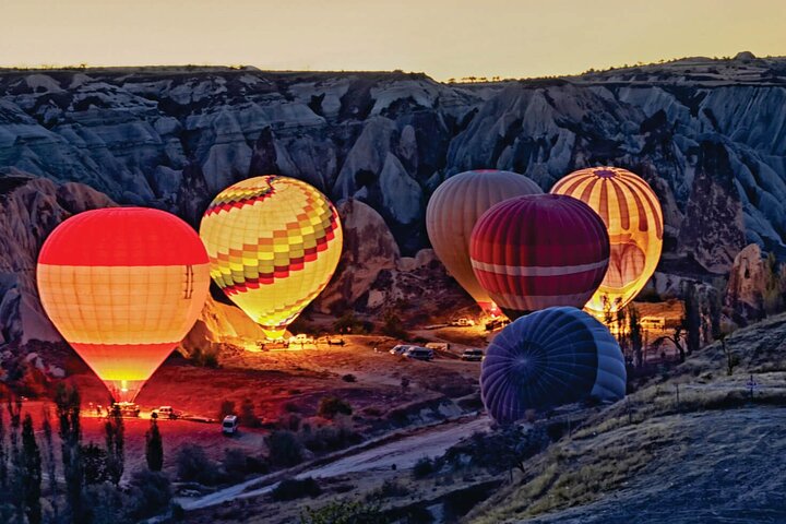 Balloon launch area in Cappadocia at sunrise