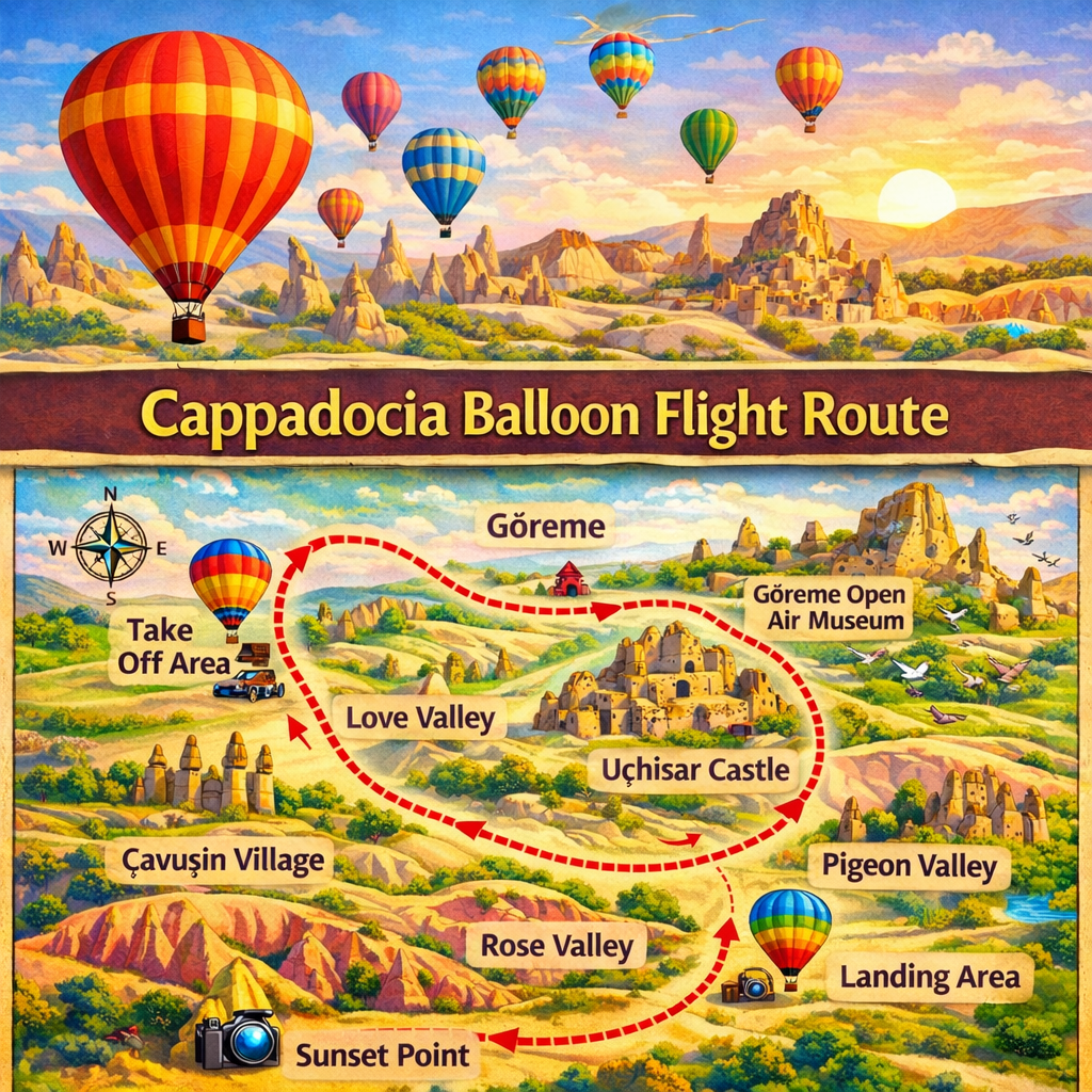 Cappadocia hot air balloons above valleys at sunrise