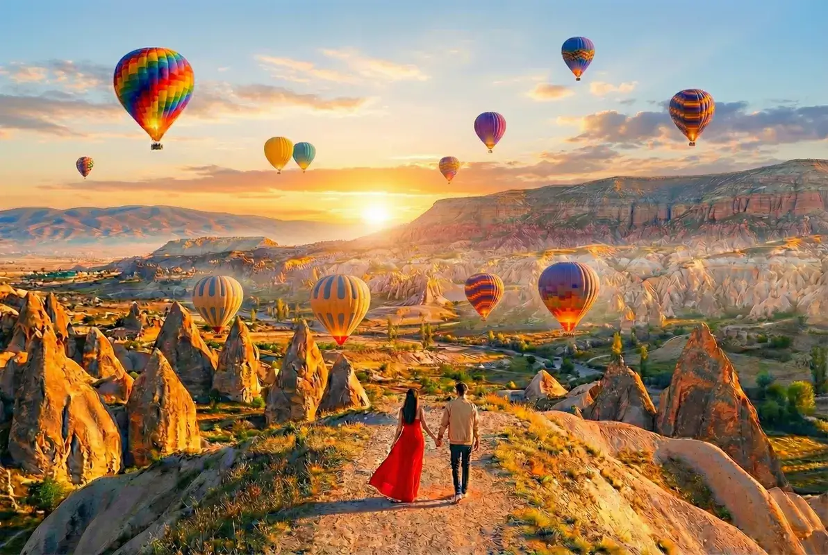 Cappadocia balloon tour romantic couple sunrise Turkey
