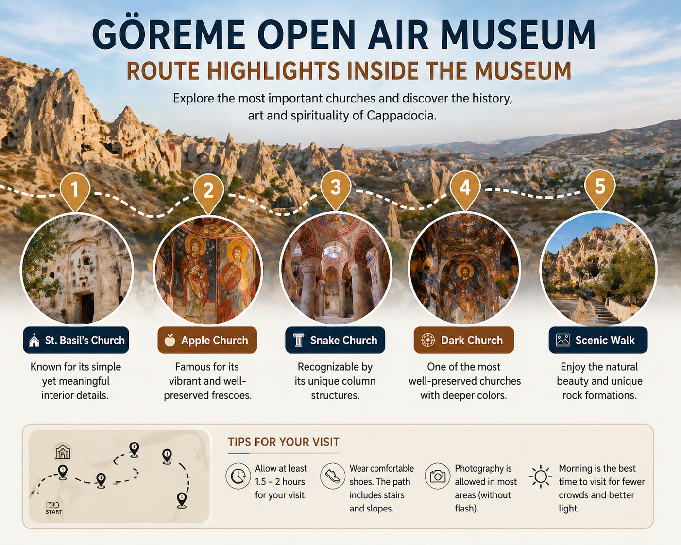 Göreme Open Air Museum route highlights including St Basil Church, Apple Church, Snake Church and Dark Church