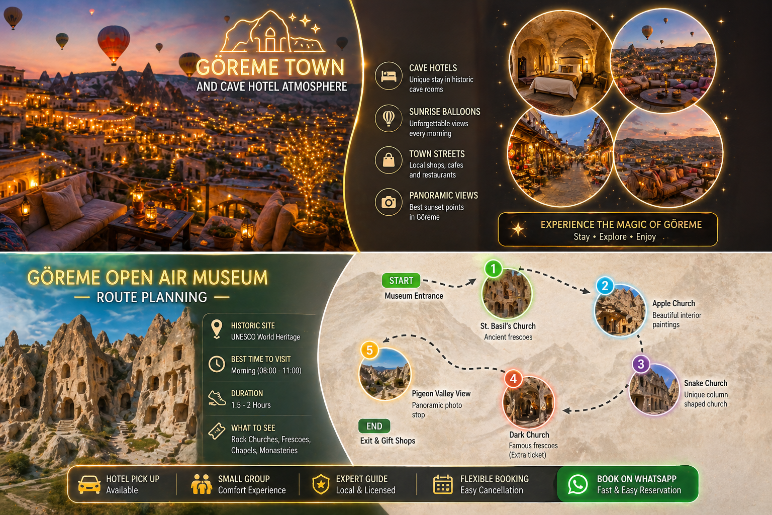 Göreme town cave hotel atmosphere and Göreme Open Air Museum route planning