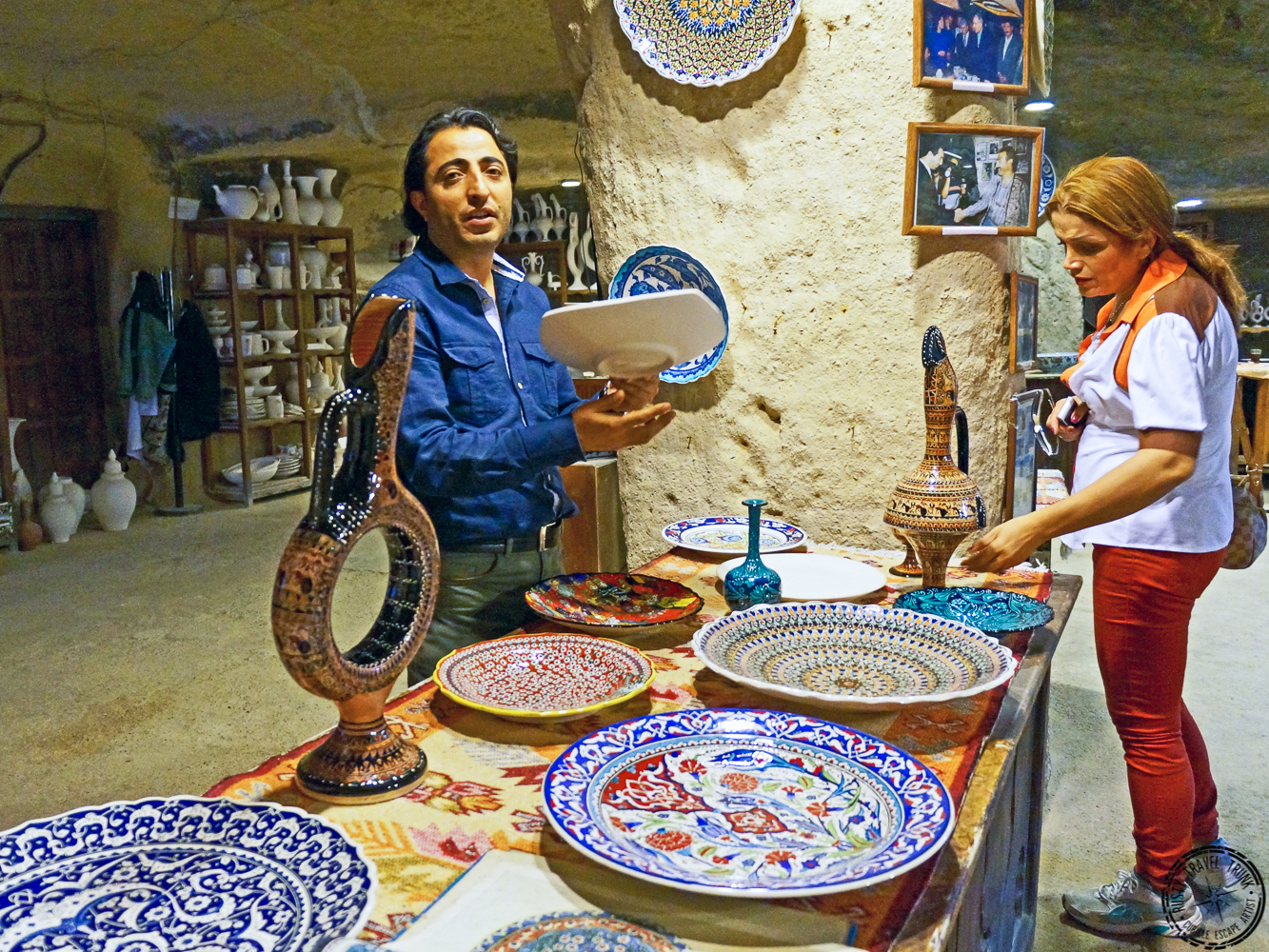 Colorful ceramic workshop in Cappadocia with decorative pottery pieces