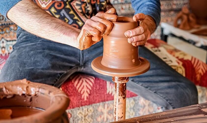 Traditional pottery display inside a Cappadocia workshop